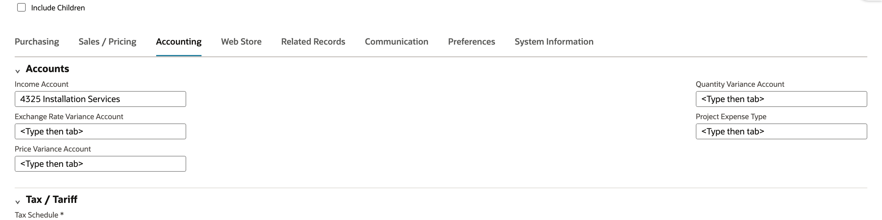 Accounting fields show the income account and required tax section.