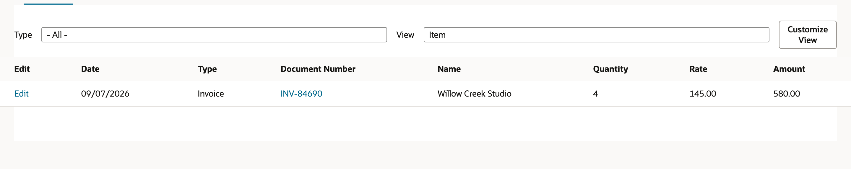 The service item’s Transactions list links to the saved invoice.