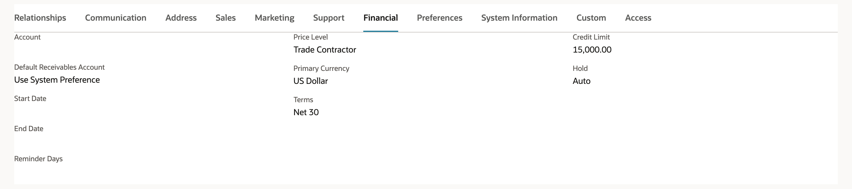 The Financial subtab of Calloway Renovations after saving, with Price Level Trade Contractor. An arrow points to Trade Contractor.