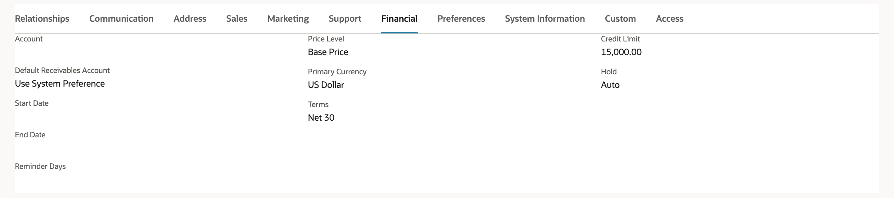 The Financial subtab of customer Calloway Renovations with Price Level Base Price, Primary Currency US Dollar, Terms Net 30 and Credit Limit 15,000.00. An arrow points to Base Price.