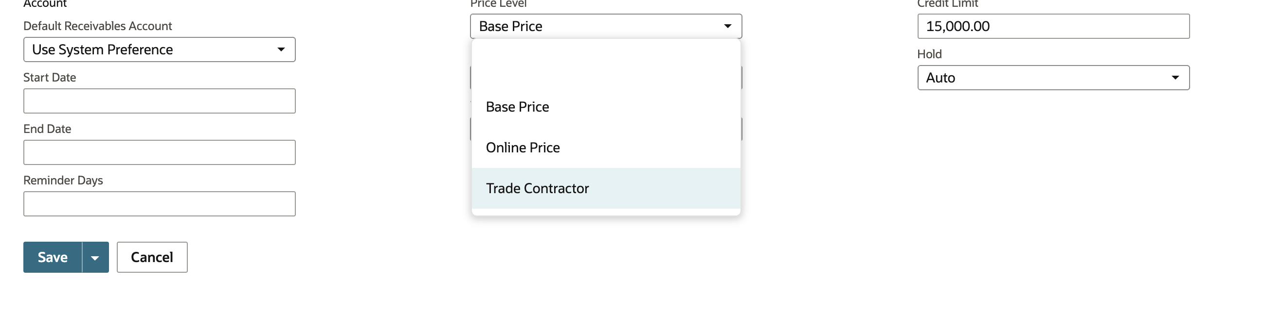 The customer edit form on the Financial subtab with the Price Level list open, showing Base Price, Online Price and Trade Contractor.