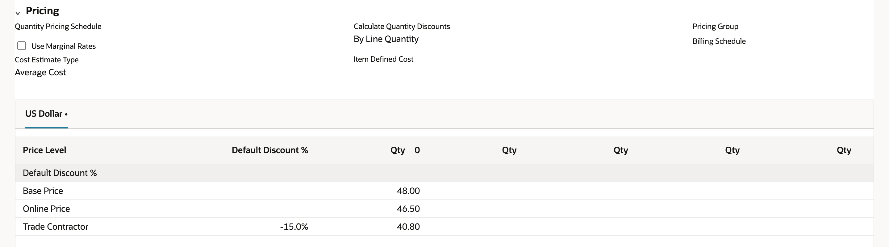 The Sales / Pricing subtab of HX-75 Hex Driver Set. The US Dollar grid shows Base Price 48.00, Online Price 46.50, and Trade Contractor with Default Discount -15.0% and 40.80. An arrow points to 40.80.