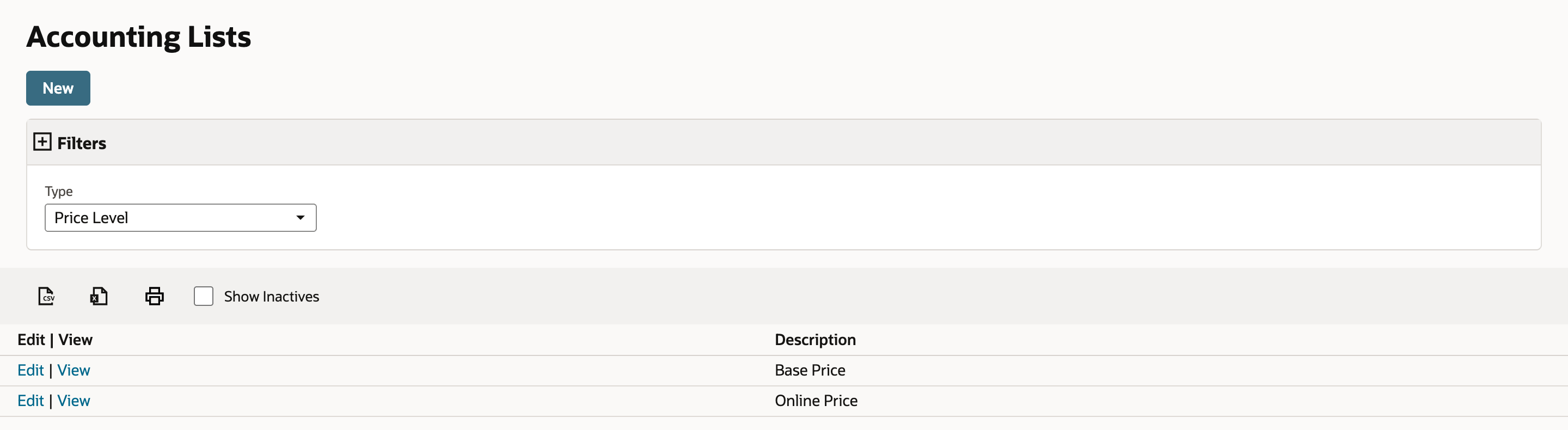 Accounting Lists filtered to Type Price Level, with a New button and two rows: Base Price and Online Price.