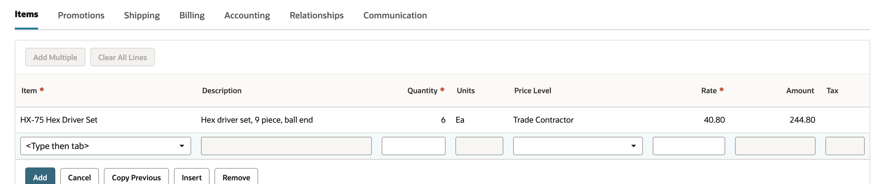 The committed sales order line: HX-75 Hex Driver Set, Quantity 6, Ea, Price Level Trade Contractor, Rate 40.80, Amount 244.80.