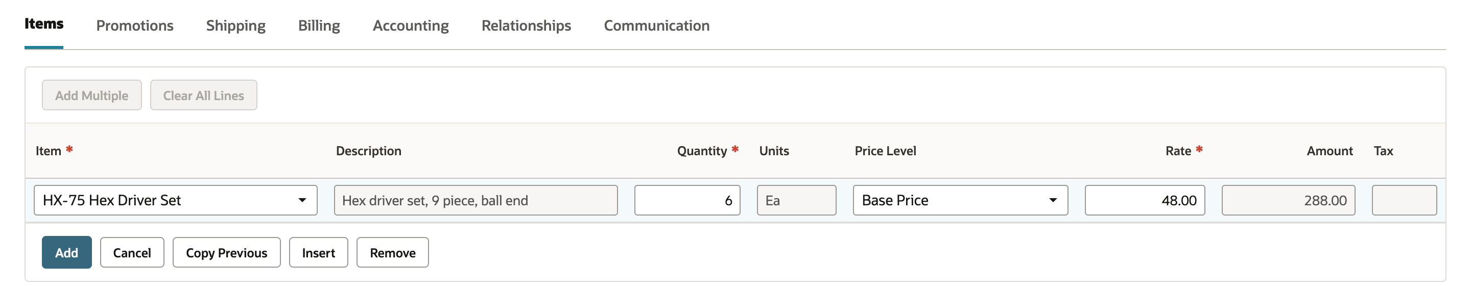 The same sales order line with Price Level Base Price, Rate 48.00 and Amount 288.00.