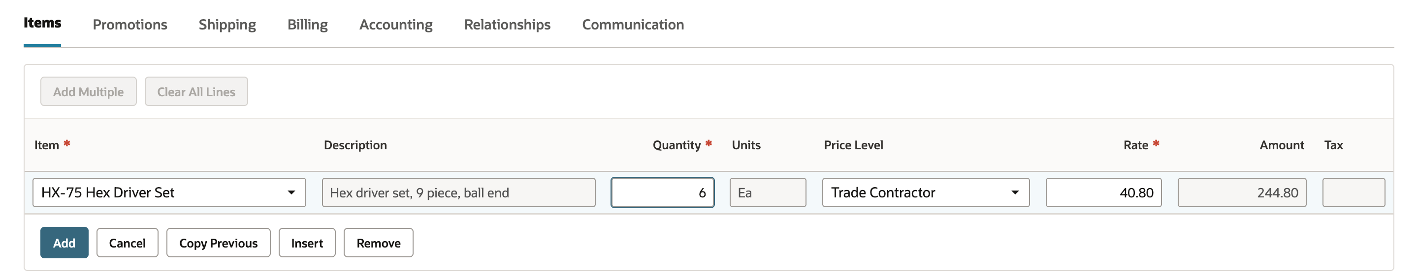 A sales order line for HX-75 Hex Driver Set, Quantity 6, with Price Level Trade Contractor, Rate 40.80 and Amount 244.80.