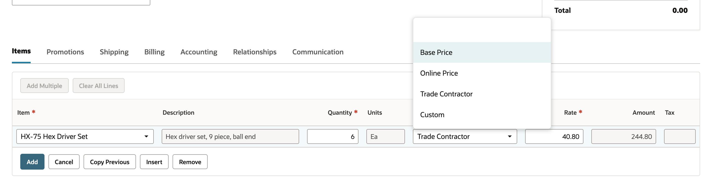 The line Price Level list open on the sales order, offering Base Price, Online Price, Trade Contractor and Custom.