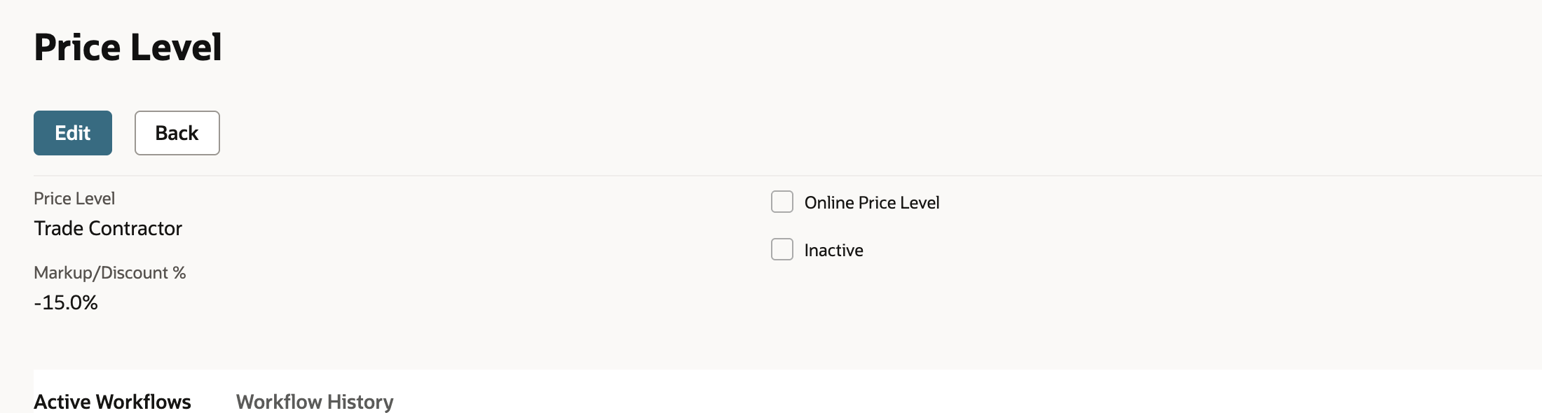 The saved Trade Contractor price level showing Markup/Discount % -15.0%, with Online Price Level and Inactive unchecked.