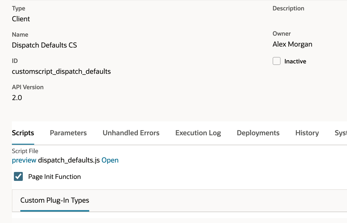 Dispatch Defaults CS is a Client script with API version 2.0 and Page Init Function checked.
