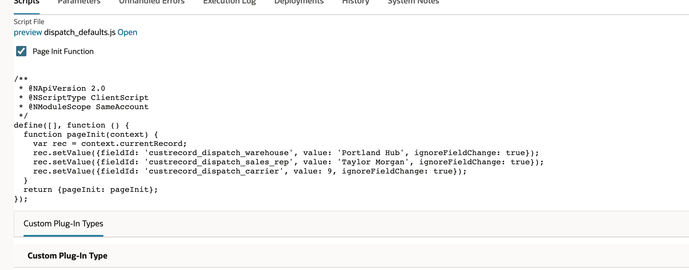 The uploaded dispatch_defaults.js exports pageInit and sets the three custom fields, using numeric 9 for the carrier.
