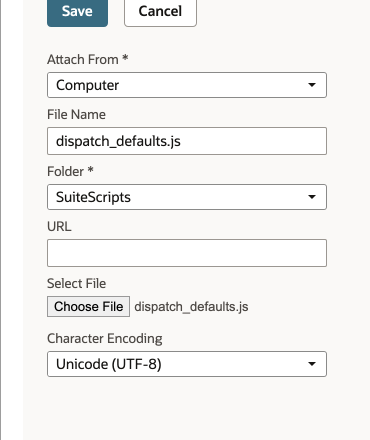 The File form has dispatch_defaults.js selected, Computer as Attach From and SuiteScripts as Folder.