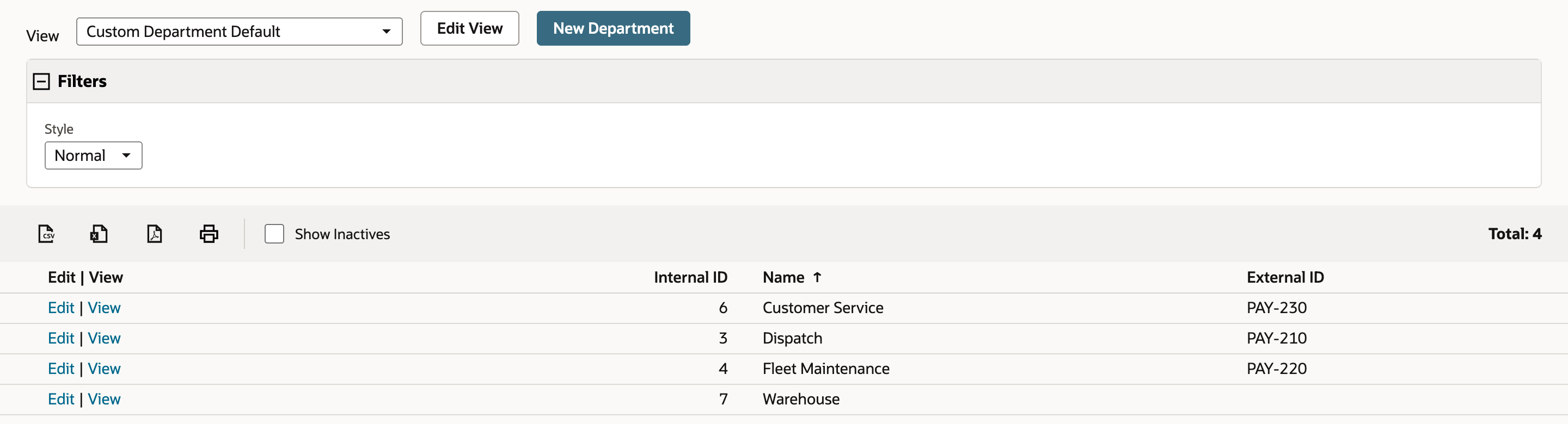 Departments list with External ID values: Customer Service (6) PAY-230, Dispatch (3) PAY-210, Fleet Maintenance (4) PAY-220, and a blank External ID for Warehouse (7).
