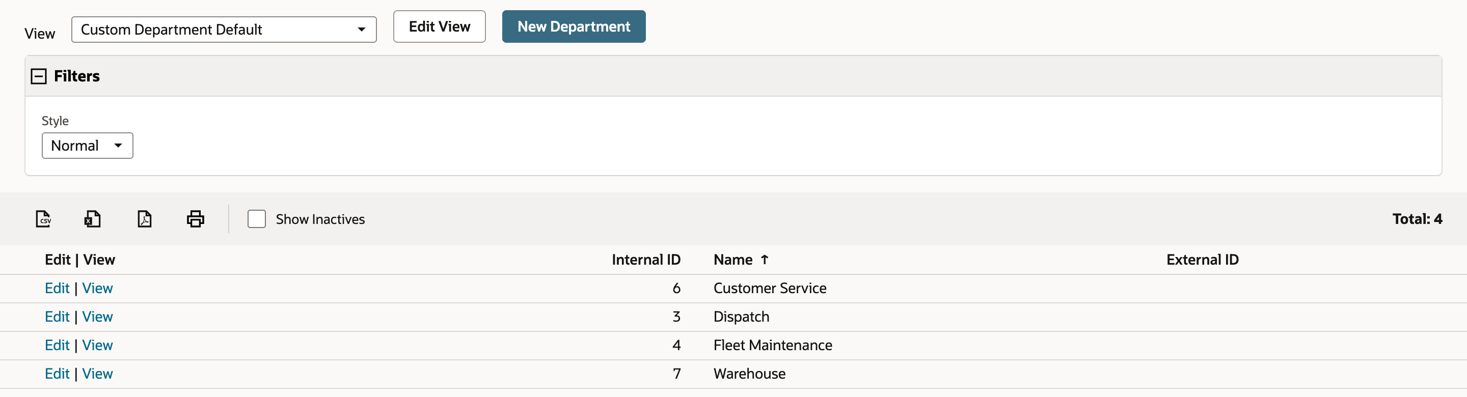 Departments list in the Custom Department Default view with Internal ID, Name and External ID columns. Customer Service is 6, Dispatch 3, Fleet Maintenance 4 and Warehouse 7, and every External ID cell is empty.