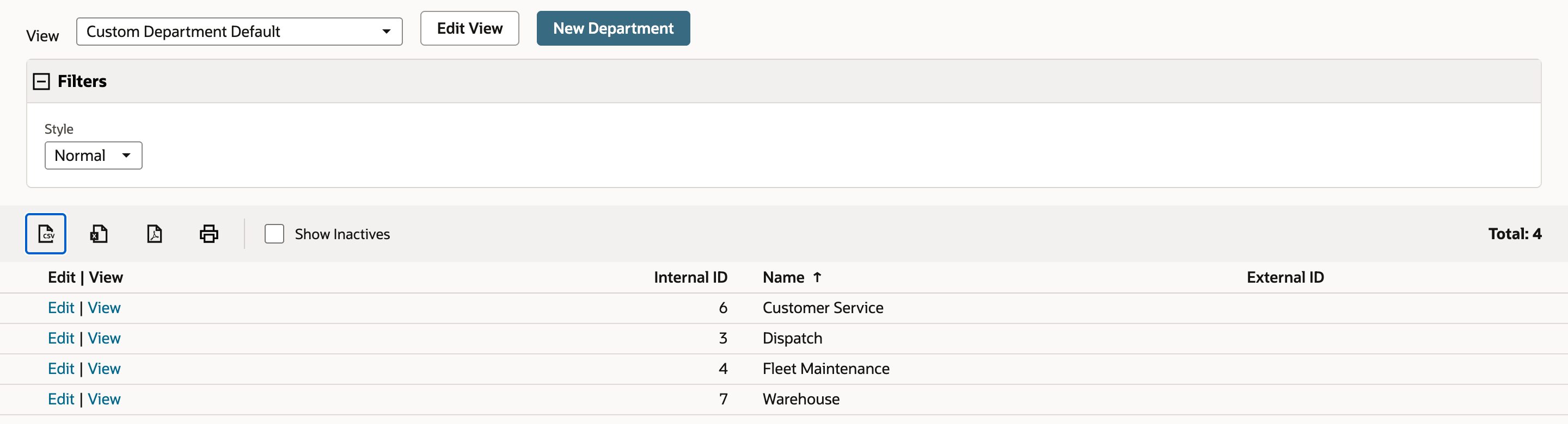 Departments list with a red arrow pointing at the CSV export icon, the first of four icons above the list.