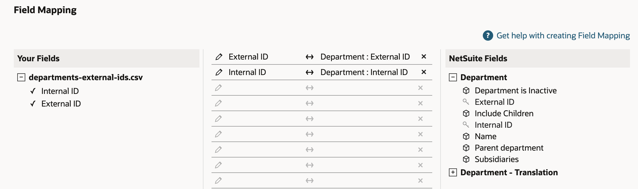 Field Mapping with the two columns of departments-external-ids.csv mapped: External ID to Department : External ID and Internal ID to Department : Internal ID.