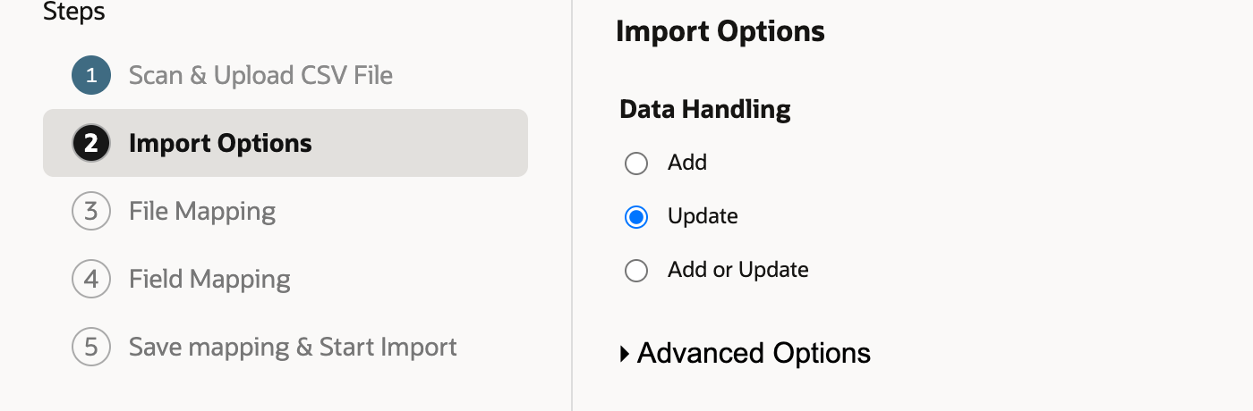 Import Assistant, Import Options, with Data Handling set to Update and a red arrow pointing at it. Add and Add or Update are the other two choices.