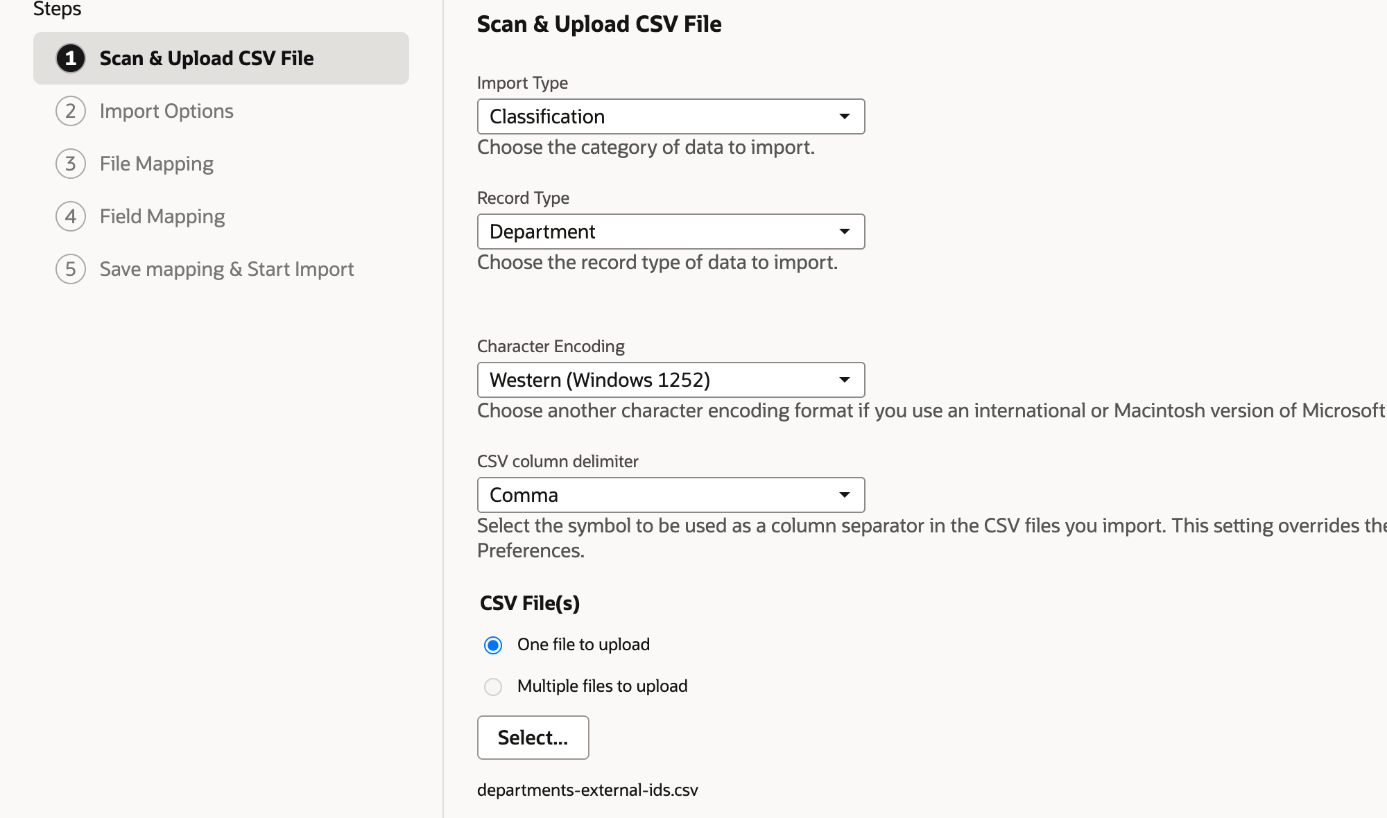 Import Assistant, Scan and Upload CSV File, with Import Type Classification, Record Type Department, Character Encoding Western (Windows 1252), CSV column delimiter Comma, One file to upload selected, and departments-external-ids.csv chosen.
