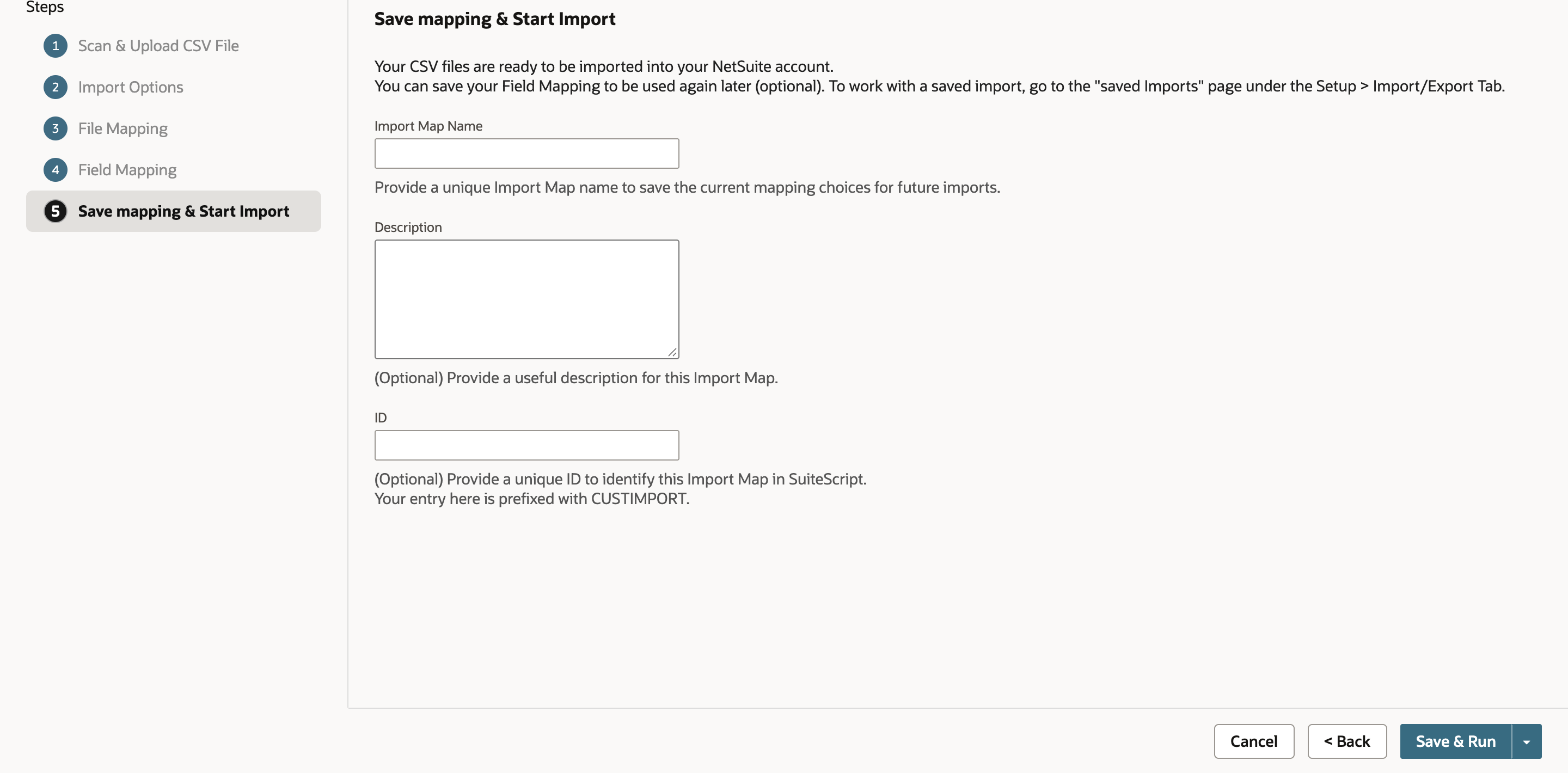 Save mapping and Start Import with Import Map Name, Description and ID left blank, and a red arrow pointing at the Save and Run button.