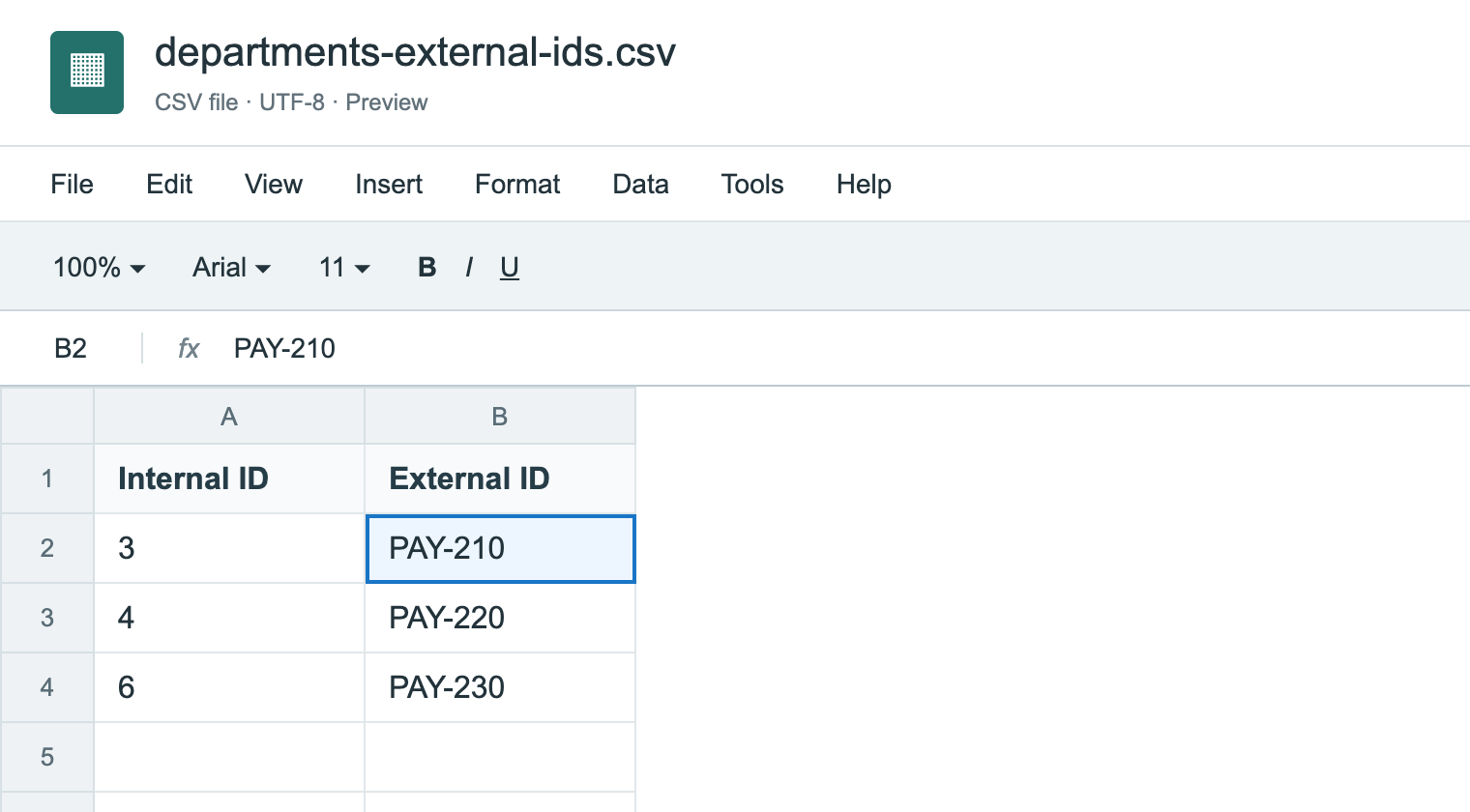 departments-external-ids.csv with an Internal ID column and an External ID column. Row 2 is 3 and PAY-210, row 3 is 4 and PAY-220, row 4 is 6 and PAY-230.