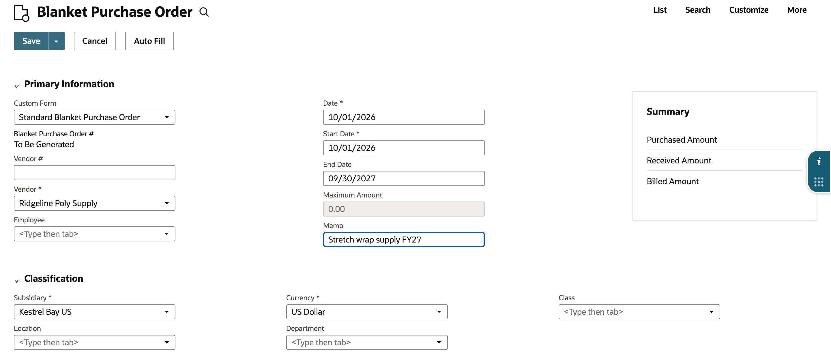 A new Blanket Purchase Order with Blanket Purchase Order # To Be Generated, Vendor Ridgeline Poly Supply, Date and Start Date 10/01/2026, End Date 09/30/2027, a greyed Maximum Amount of 0.00, Memo Stretch wrap supply FY27, and Subsidiary Kestrel Bay US.