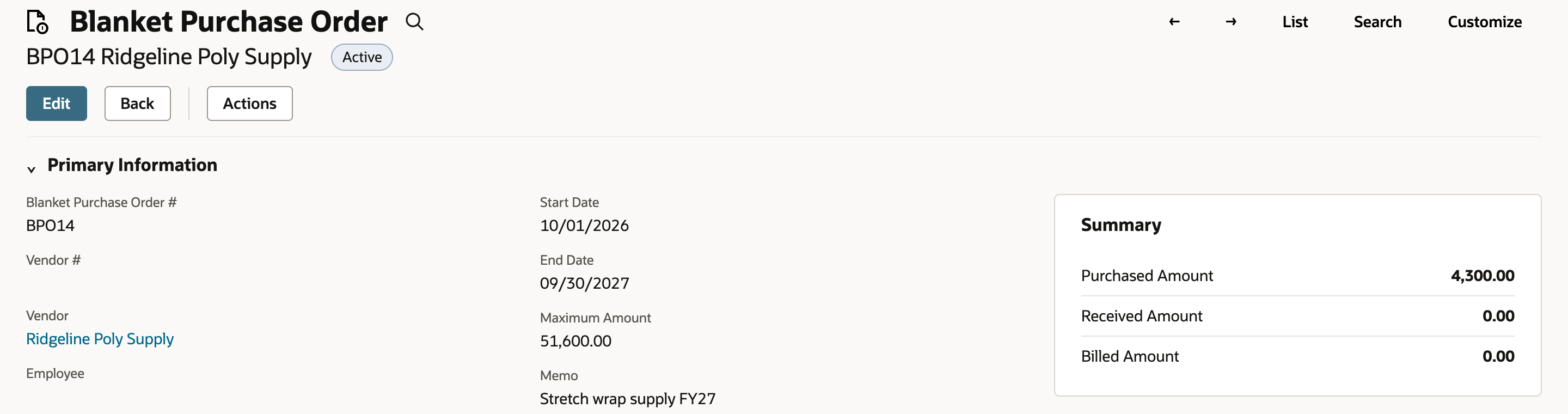 BPO14 after the release with Maximum Amount 51,600.00 and a red arrow pointing to Purchased Amount 4,300.00, with Received Amount and Billed Amount still 0.00.
