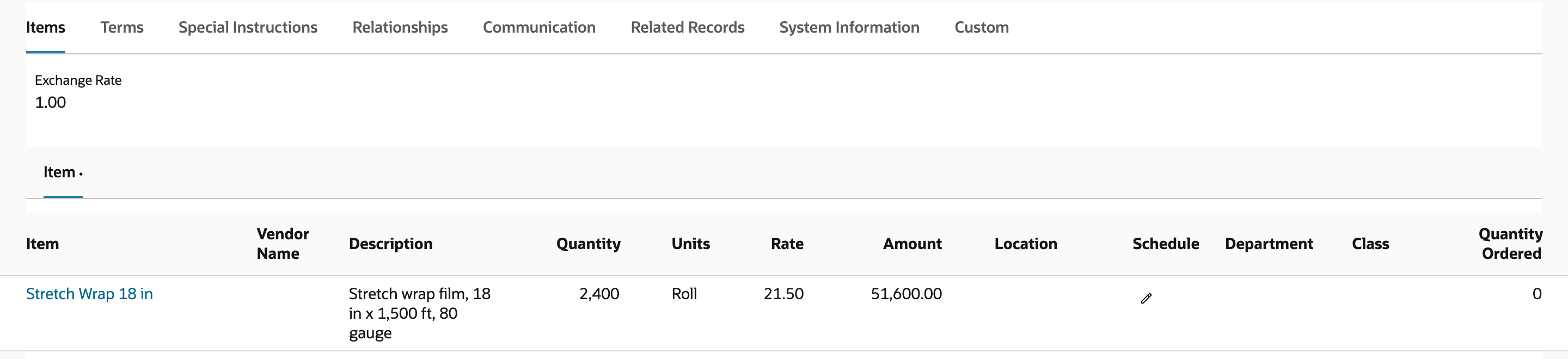 The saved BPO14 item line: Stretch Wrap 18 in, Quantity 2,400, Rate 21.50, Amount 51,600.00, and a red arrow pointing to Quantity Ordered 0.