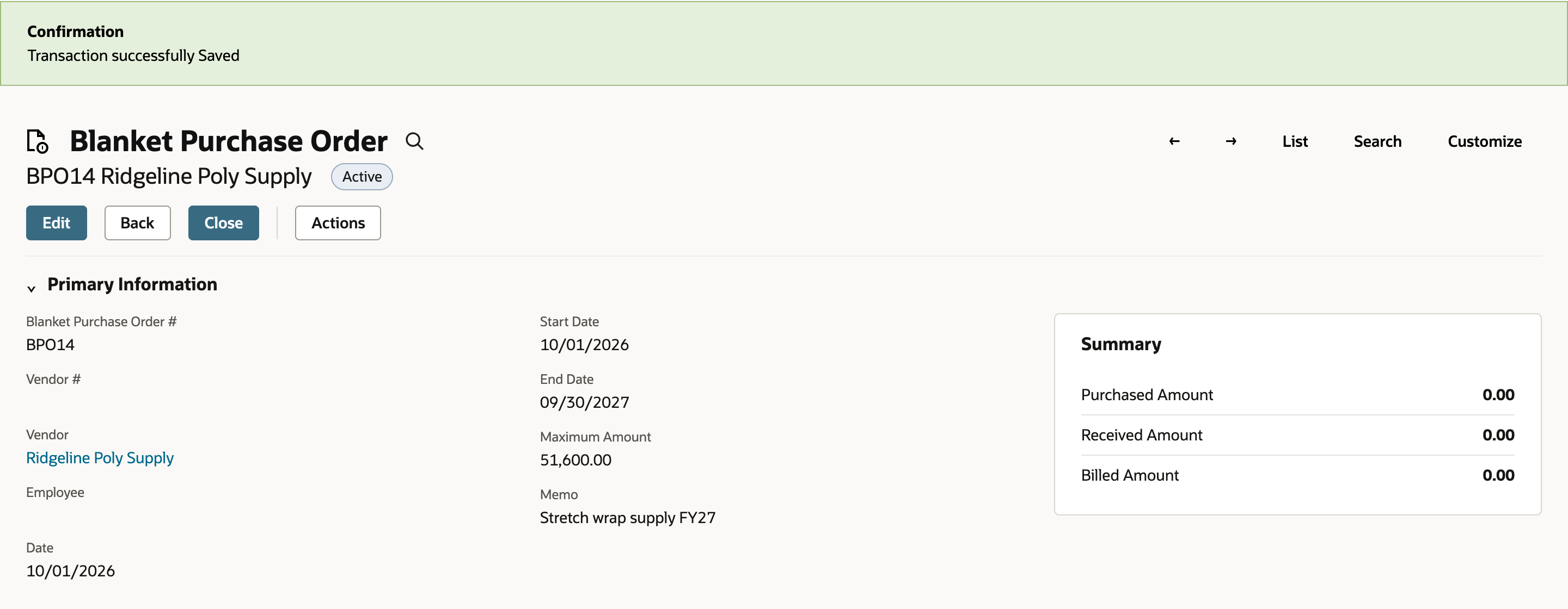Saved Blanket Purchase Order BPO14 for Ridgeline Poly Supply with status Active, Start Date 10/01/2026, End Date 09/30/2027, Maximum Amount 51,600.00, and a Summary with Purchased, Received and Billed Amount all 0.00.