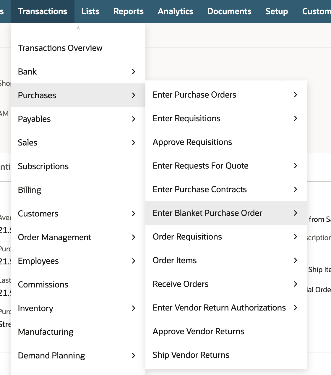 The Transactions menu with Purchases expanded and Enter Blanket Purchase Order highlighted in its submenu, between Enter Purchase Contracts and Order Requisitions.