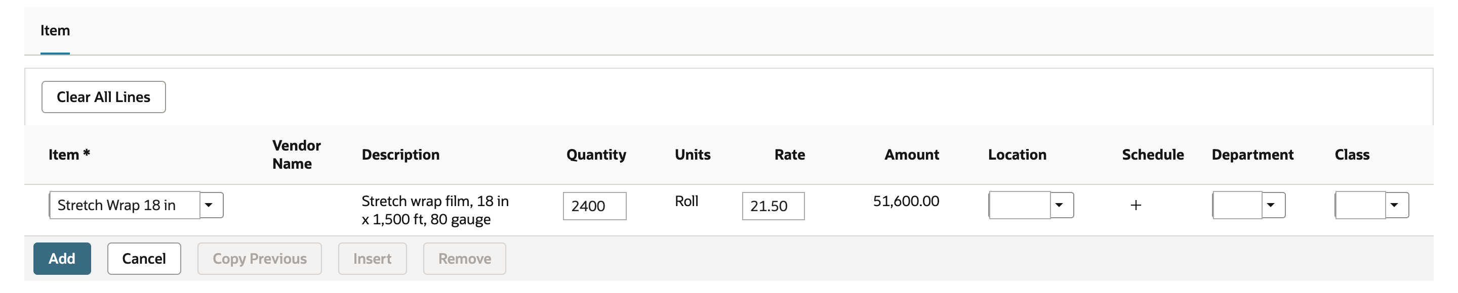 The blanket order's item line for Stretch Wrap 18 in with Quantity 2400, Units Roll, Rate 21.50 and Amount 51,600.00, and a red arrow pointing to the plus icon in the Schedule column.