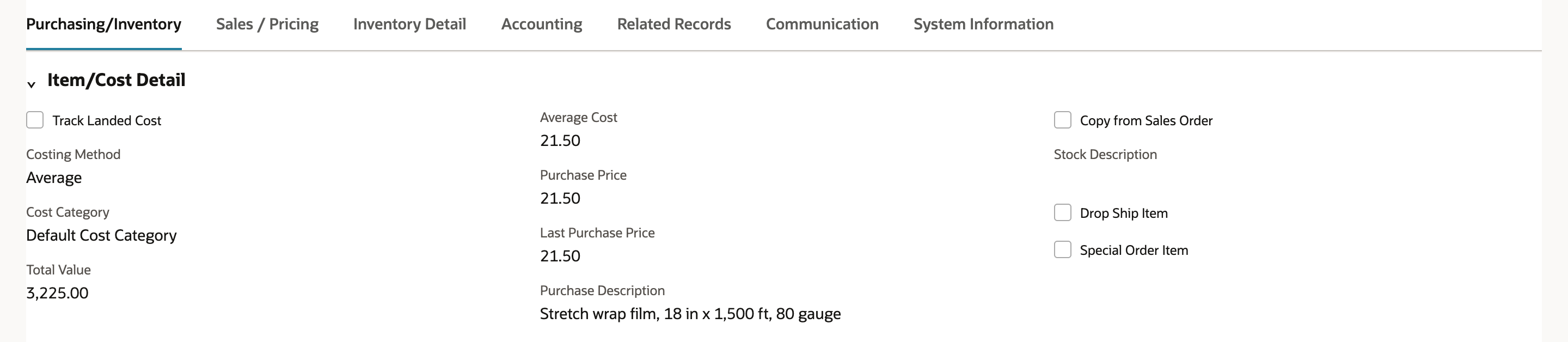The Purchasing/Inventory subtab of Stretch Wrap 18 in, with Average Cost 21.50, Last Purchase Price 21.50, and a red arrow pointing to Purchase Price 21.50.