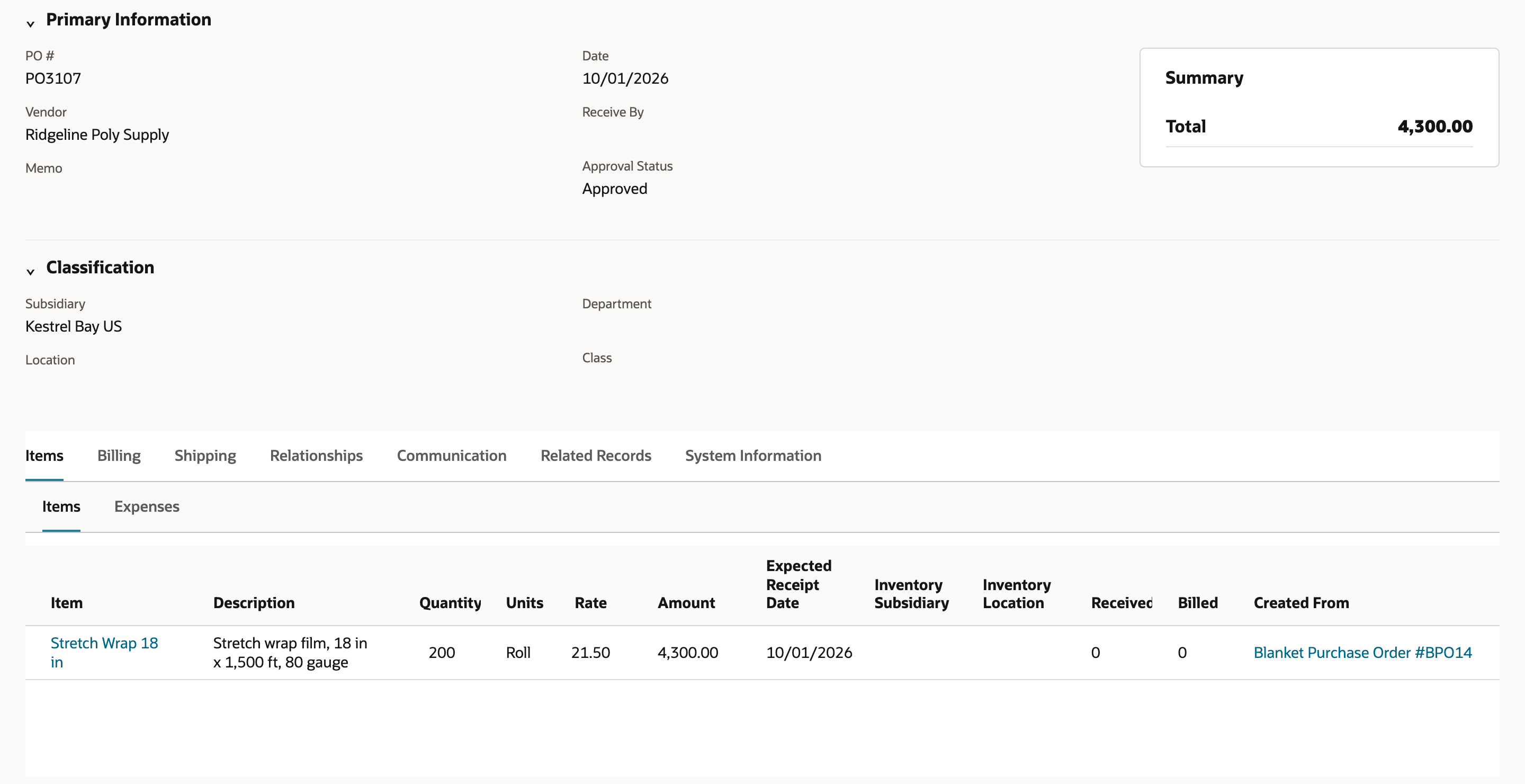 Purchase order PO3107 for Ridgeline Poly Supply dated 10/01/2026, Approved, Total 4,300.00, with one line of 200 Stretch Wrap 18 in at 21.50 for 4,300.00 and a red arrow pointing to Created From Blanket Purchase Order #BPO14.