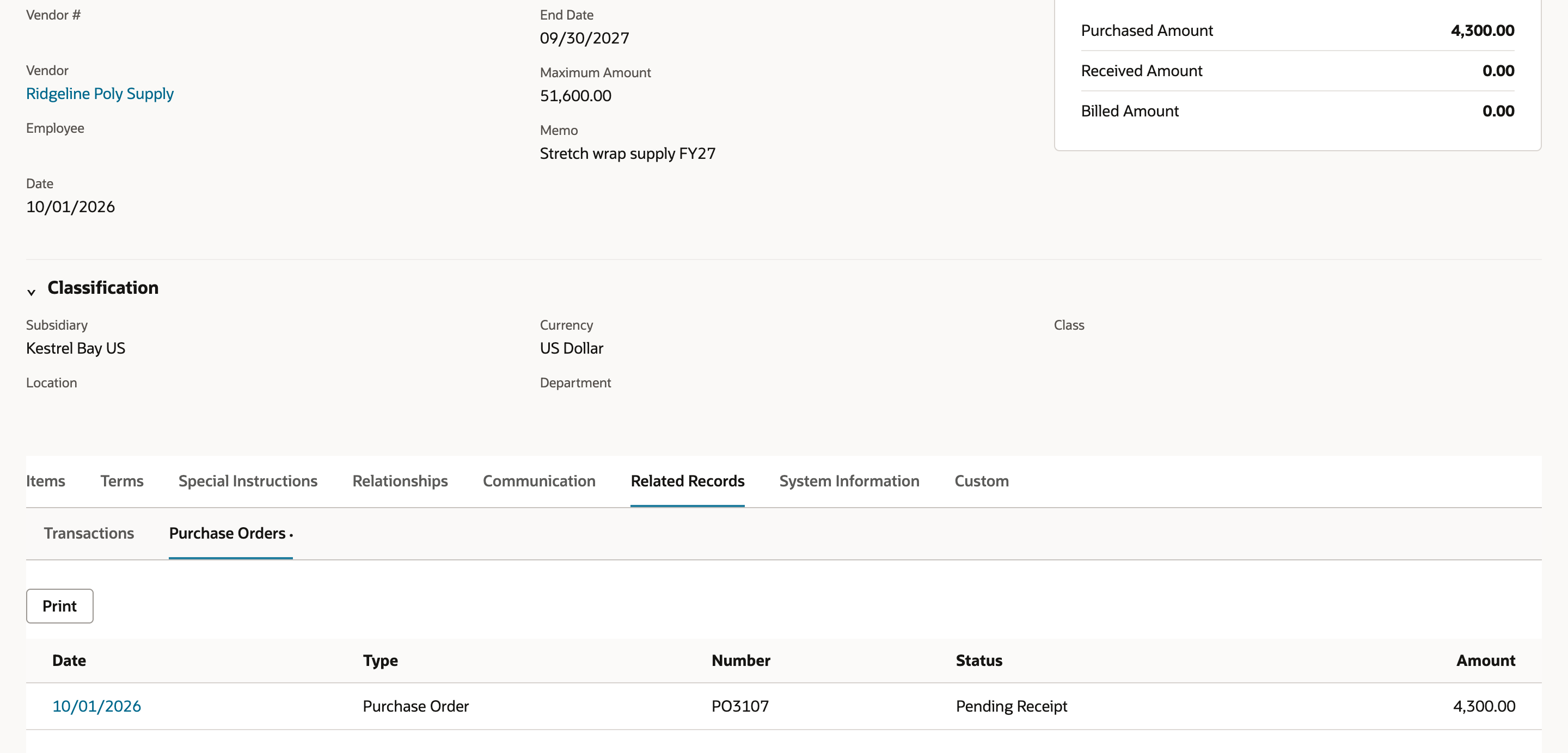 The Related Records subtab of BPO14 with Purchased Amount 4,300.00 in the Summary and the Purchase Orders list showing PO3107 dated 10/01/2026, Pending Receipt, 4,300.00.
