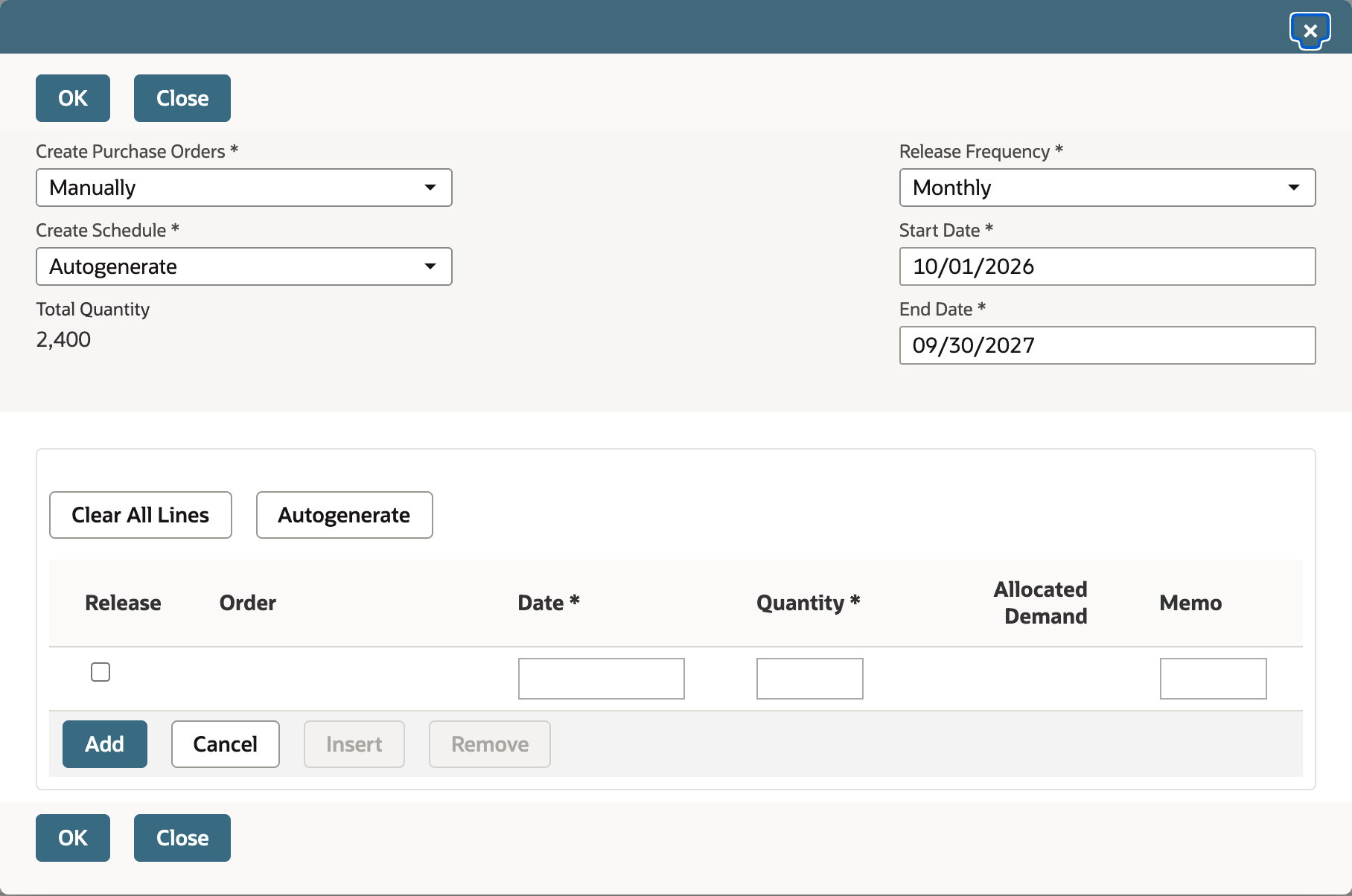 The order schedule dialog with Create Purchase Orders Manually, Create Schedule Autogenerate, Release Frequency Monthly, Start Date 10/01/2026, End Date 09/30/2027, Total Quantity 2,400, an empty schedule grid, and a red arrow pointing to the Autogenerate button.