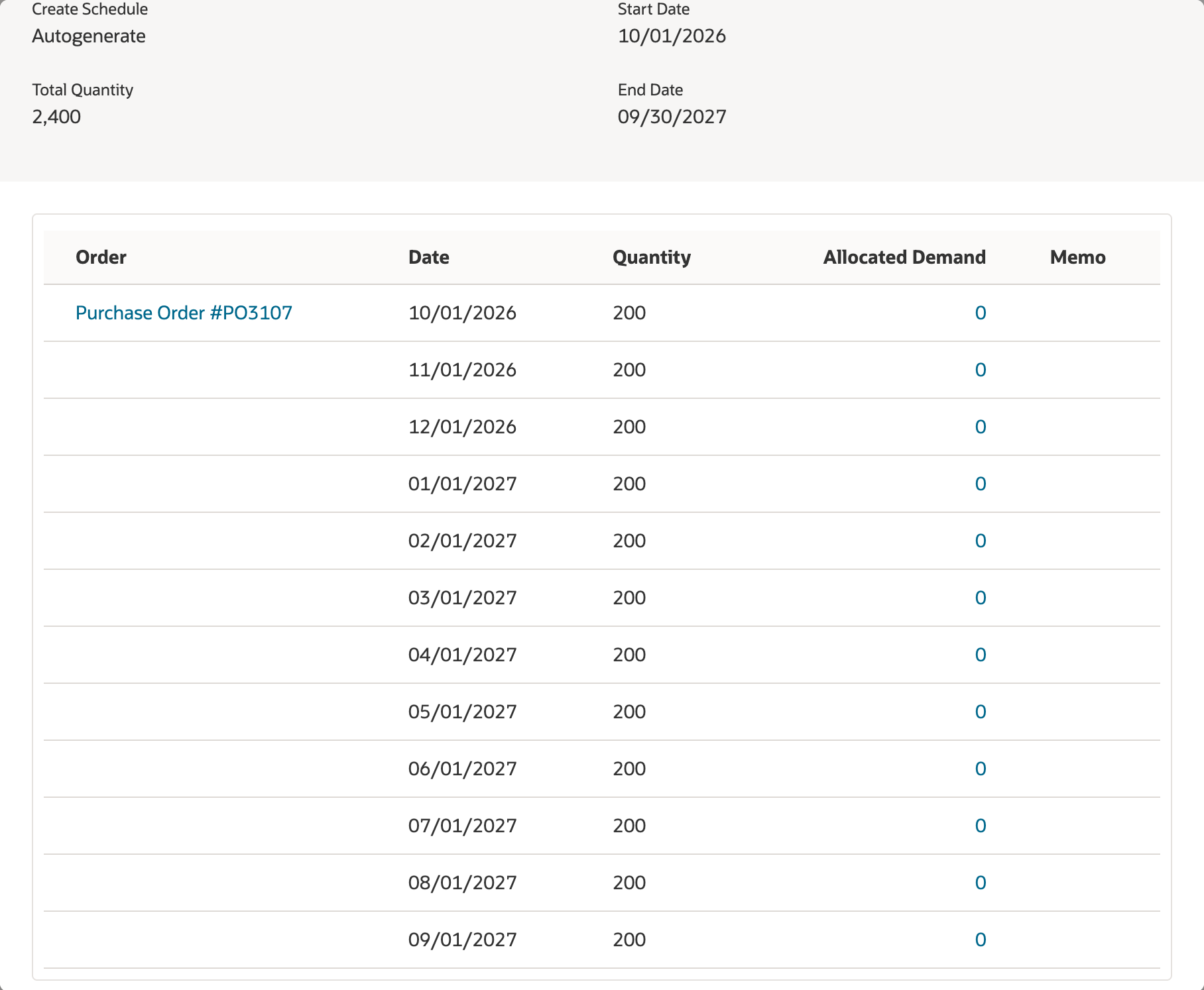 The read-only order schedule of BPO14 with Create Schedule Autogenerate and Total Quantity 2,400, where a red arrow points to Purchase Order #PO3107 in the Order column of the 10/01/2026 row and the later rows have none.