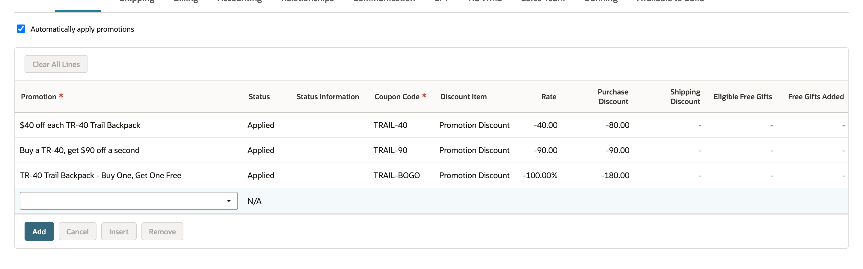 The Promotions subtab with three Applied rows: TRAIL-40 Rate -40.00 Purchase Discount -80.00, TRAIL-90 Rate -90.00 Purchase Discount -90.00, and TRAIL-BOGO Rate -100.00% Purchase Discount -180.00.
