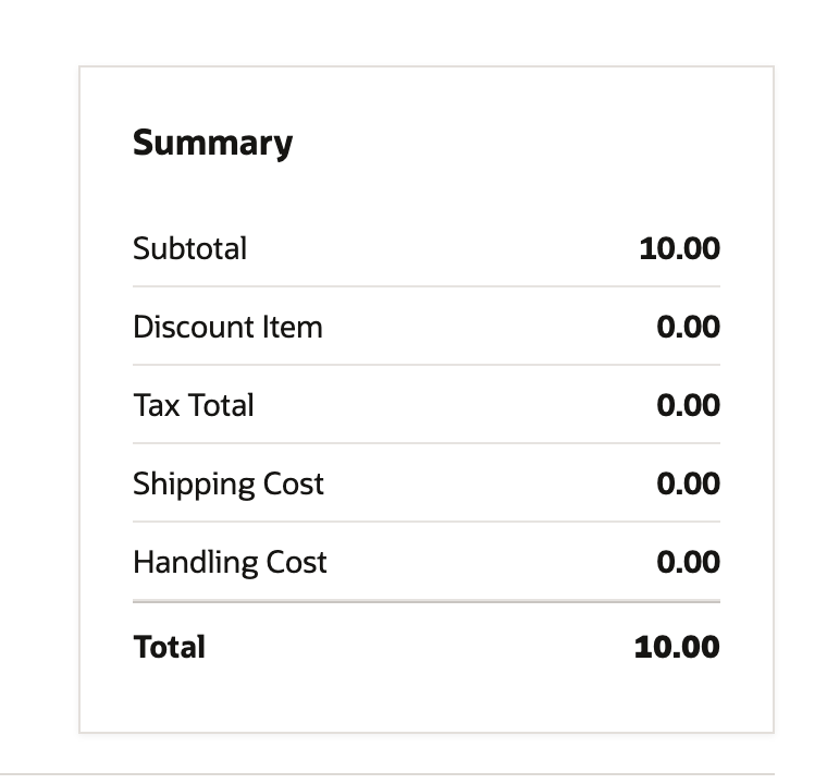 The sales order Summary: Subtotal 10.00, Discount Item 0.00, Tax Total 0.00, Shipping Cost 0.00, Handling Cost 0.00, Total 10.00.