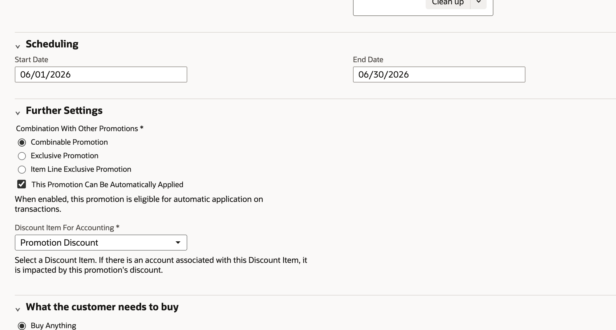 The Item Promotion form: Start Date 06/01/2026, End Date 06/30/2026, Combination With Other Promotions set to Combinable Promotion, This Promotion Can Be Automatically Applied checked, and Discount Item For Accounting set to Promotion Discount.