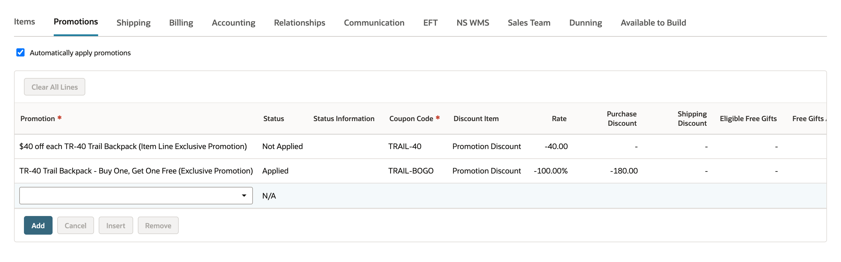 The Promotions subtab with two rows: $40 off each TR-40 Trail Backpack (Item Line Exclusive Promotion) Not Applied, and TR-40 Trail Backpack - Buy One, Get One Free (Exclusive Promotion) Applied with -100.00% and -180.00.