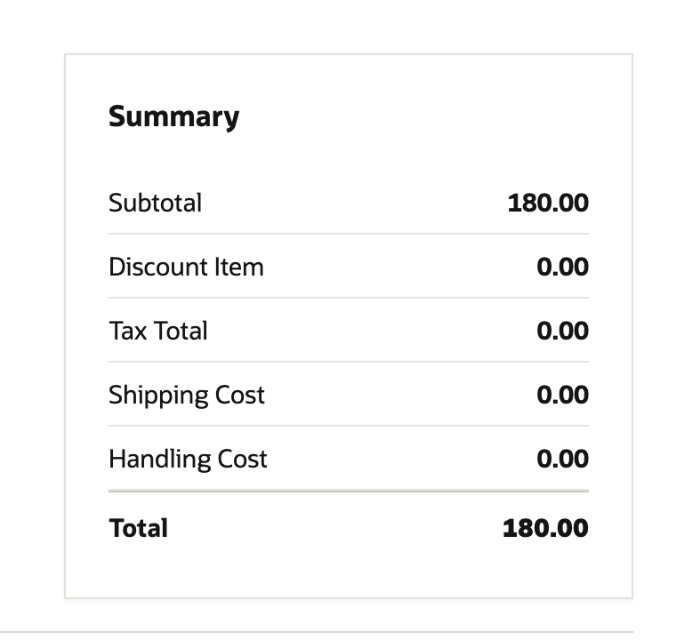 The sales order Summary: Subtotal 180.00, Discount Item 0.00, Total 180.00.