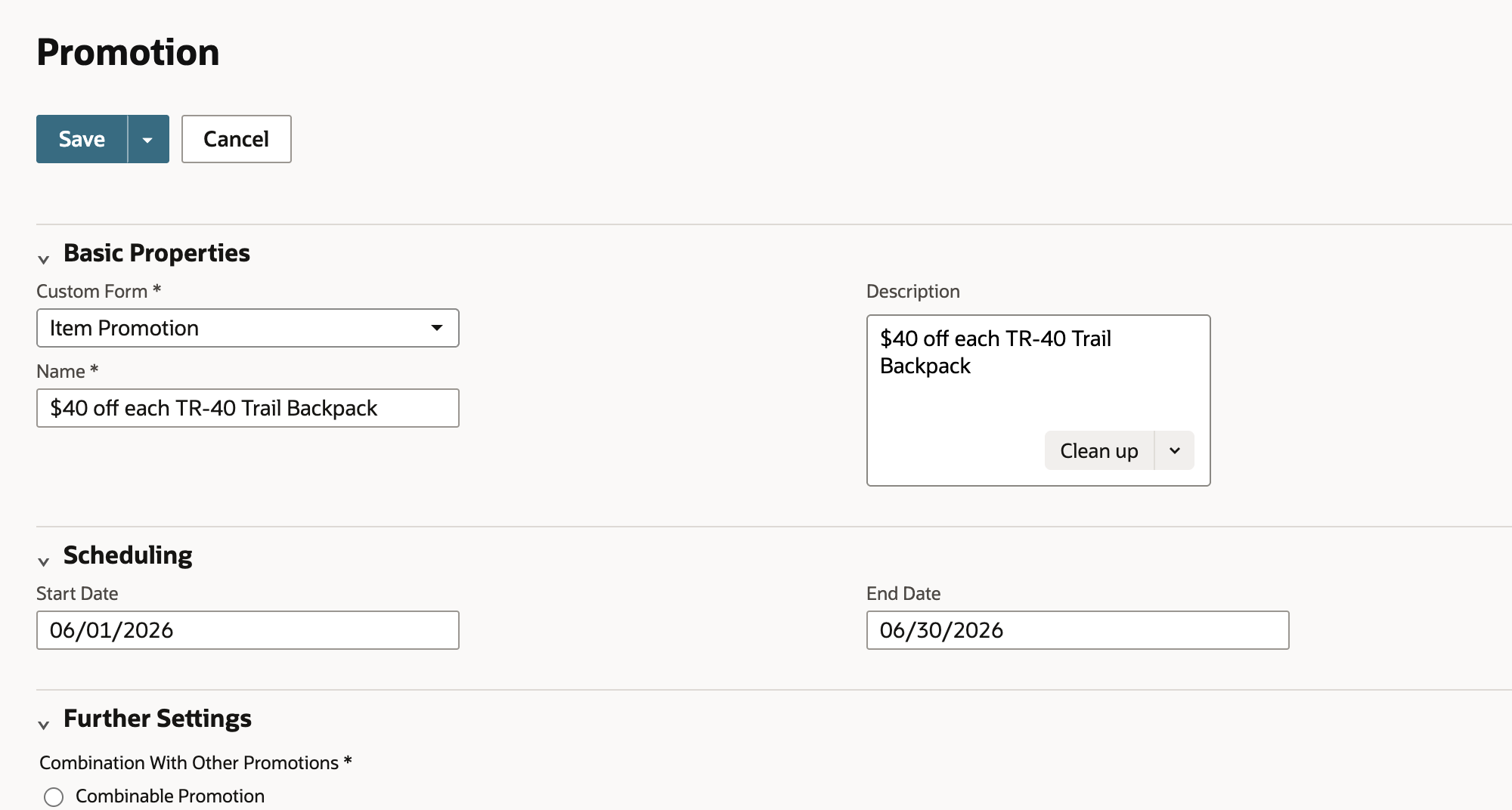 Editing $40 off each TR-40 Trail Backpack: Combination With Other Promotions set to Item Line Exclusive Promotion. An arrow points to Item Line Exclusive Promotion.