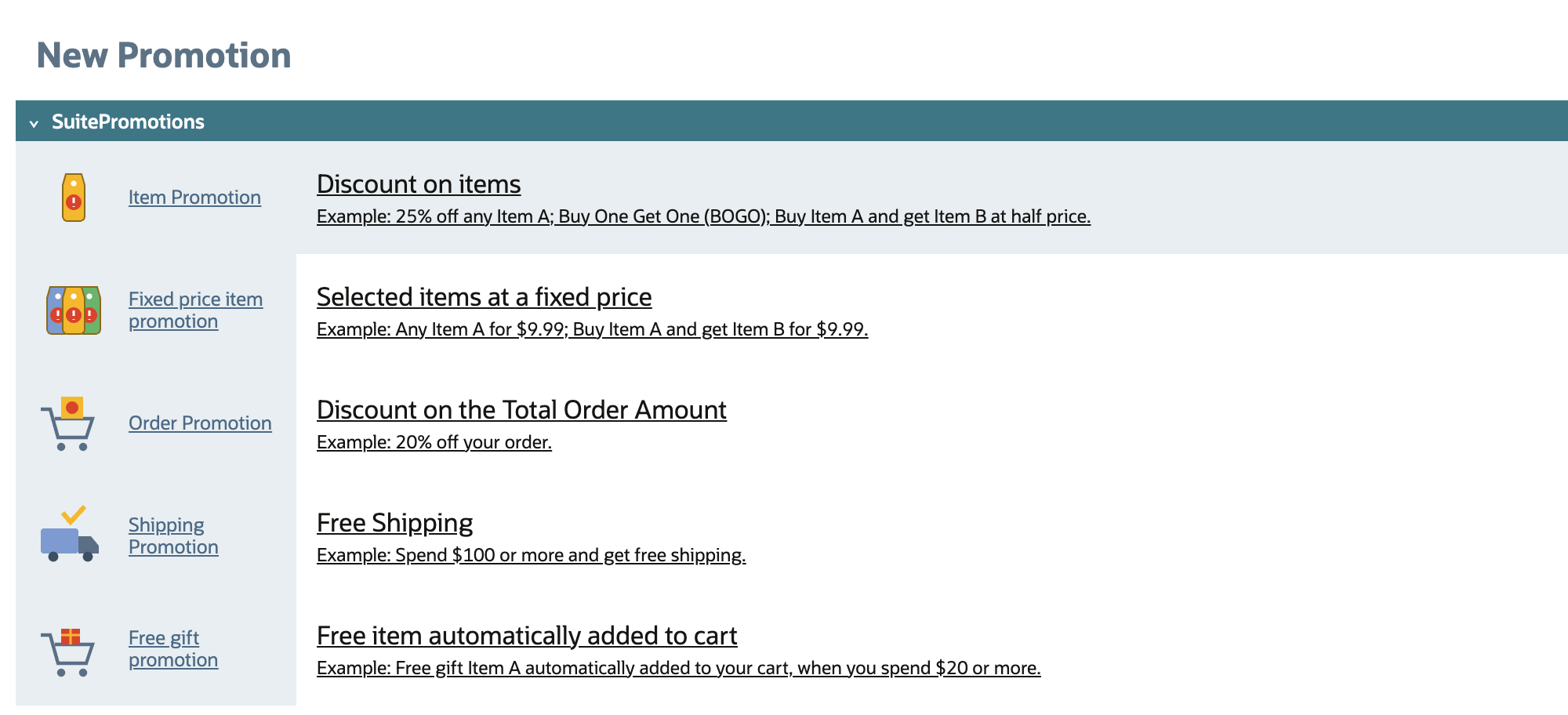 The New Promotion page with the SuitePromotions types: Item Promotion (Discount on items), Fixed price item promotion, Order Promotion, Shipping Promotion and Free gift promotion. An arrow points to Discount on items.