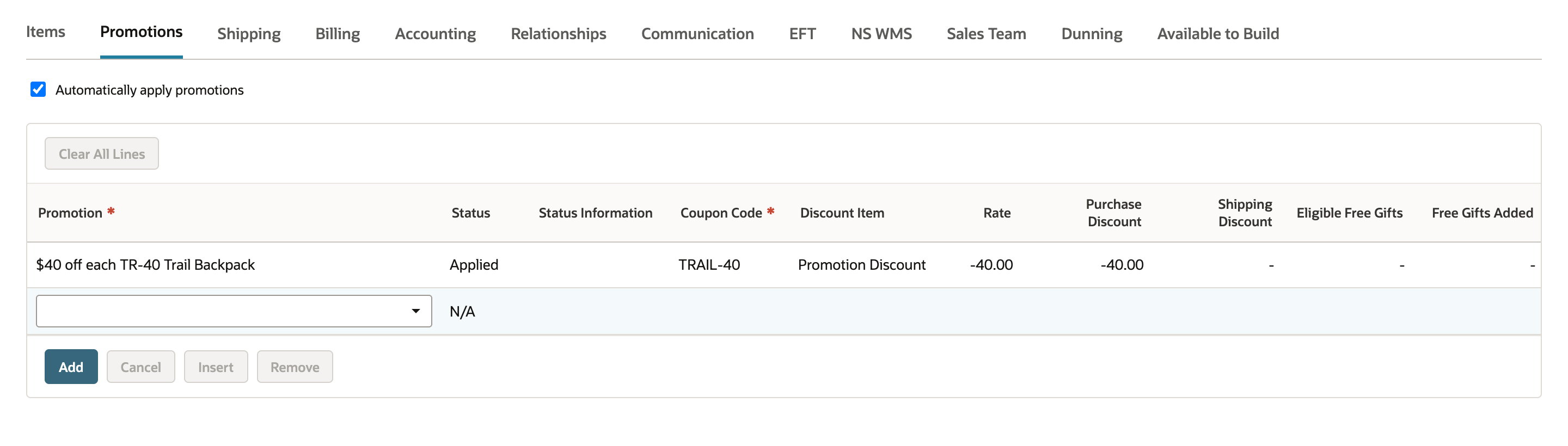 The Promotions subtab with Automatically apply promotions checked and one row: $40 off each TR-40 Trail Backpack, Applied, TRAIL-40, Promotion Discount, Rate -40.00, Purchase Discount -40.00.
