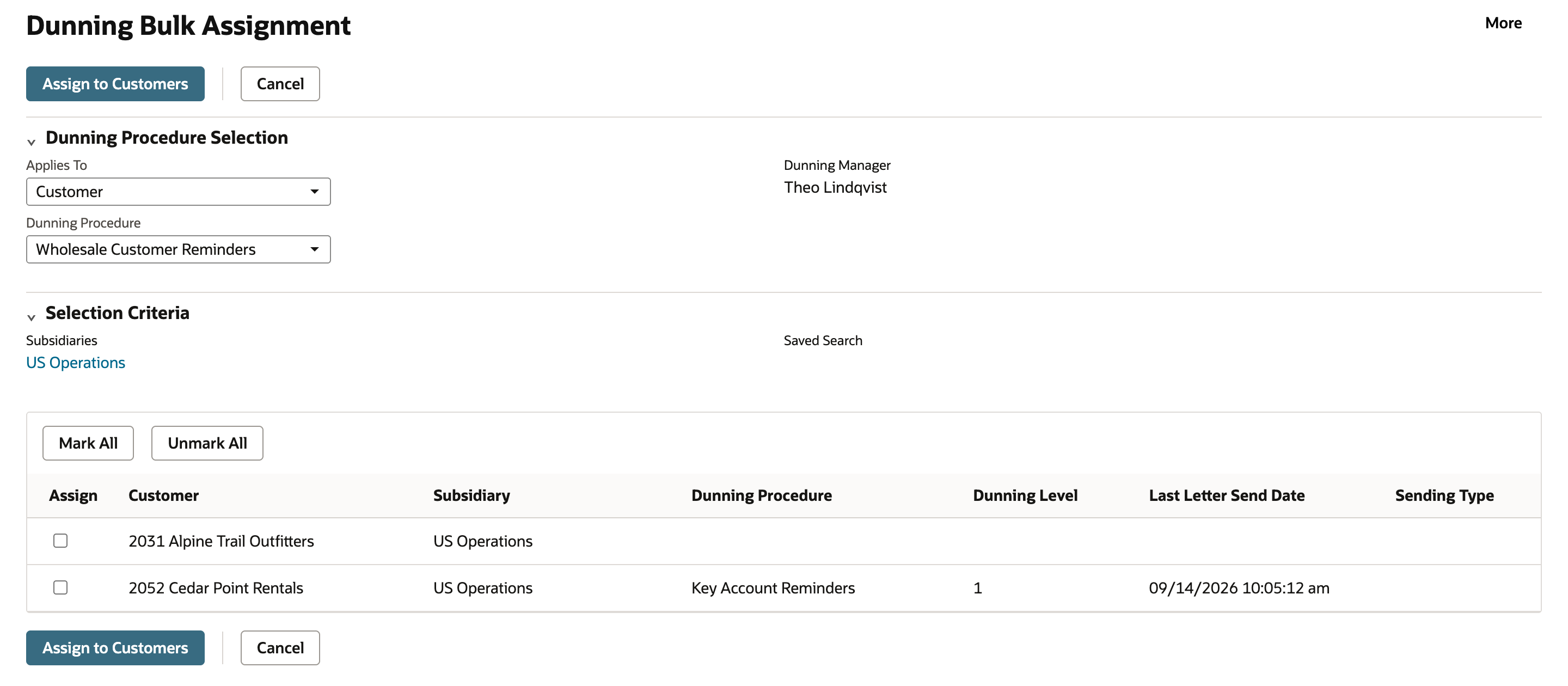 Dunning Bulk Assignment after assigning: the list now shows only Alpine Trail Outfitters and Cedar Point Rentals.
