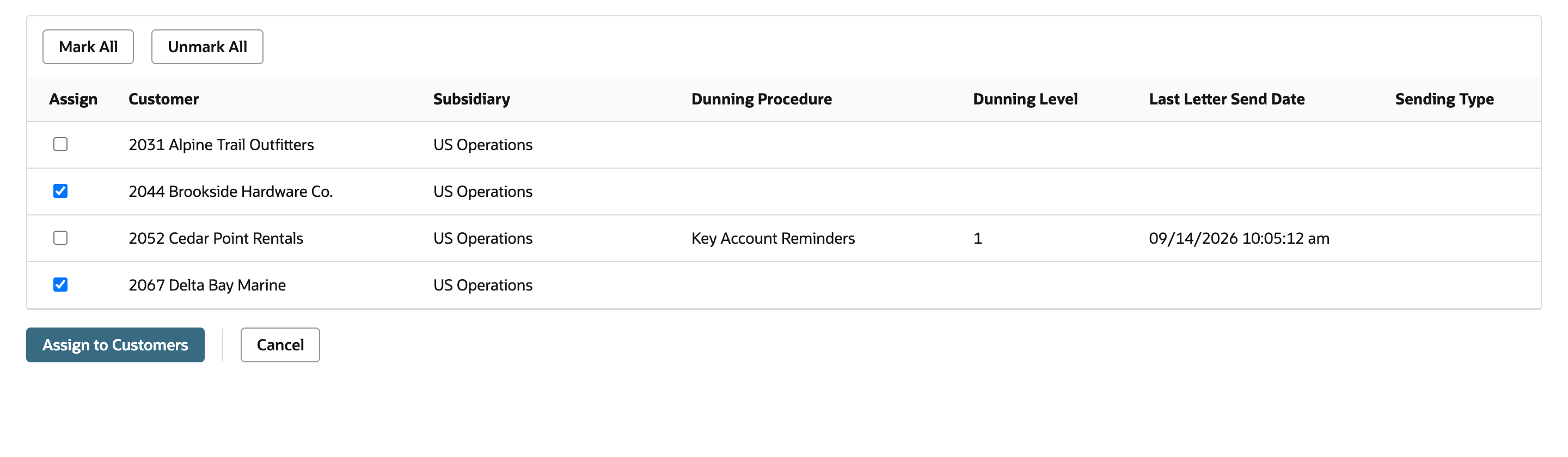 Assign checked for Brookside Hardware Co. and Delta Bay Marine, unchecked for Alpine Trail Outfitters and Cedar Point Rentals, above the Assign to Customers button.