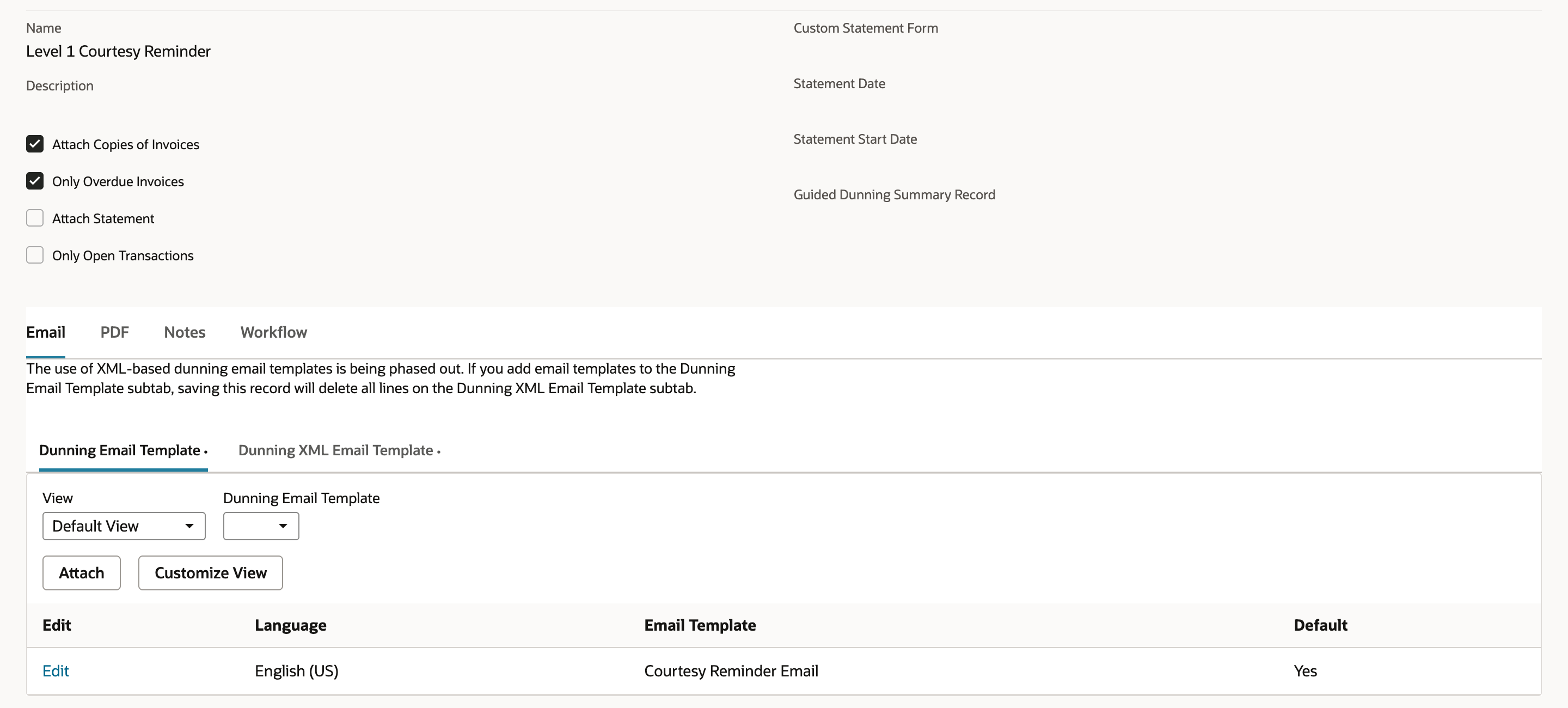 Dunning Template Level 1 Courtesy Reminder with Attach Copies of Invoices and Only Overdue Invoices checked, and on the Email subtab one Dunning Email Template line: English (US), Courtesy Reminder Email, Default Yes.