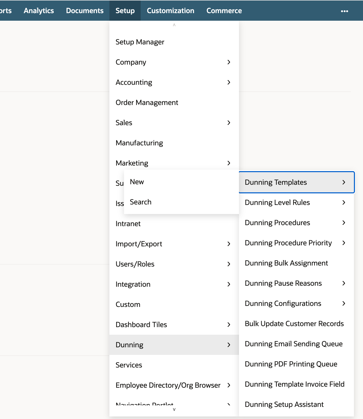 The Setup menu open on Dunning, listing Dunning Templates, Dunning Level Rules, Dunning Procedures, Dunning Procedure Priority, Dunning Bulk Assignment, Dunning Pause Reasons, Dunning Configurations and the sending and printing queues.