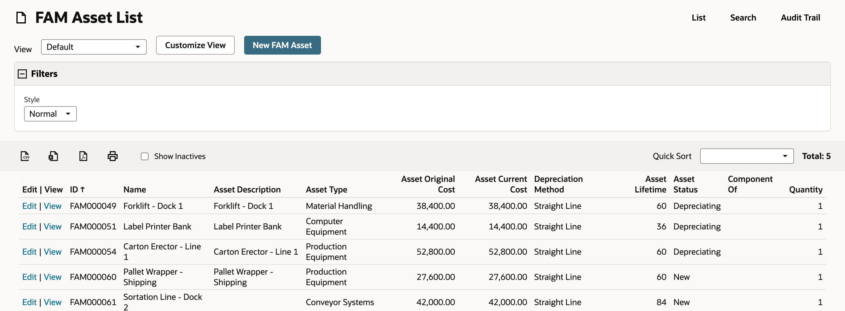 FAM Asset List with FAM000061 Sortation Line - Dock 2, Asset Type Conveyor Systems, Asset Original Cost 42,000.00, Straight Line, Asset Lifetime 84 and Asset Status New.