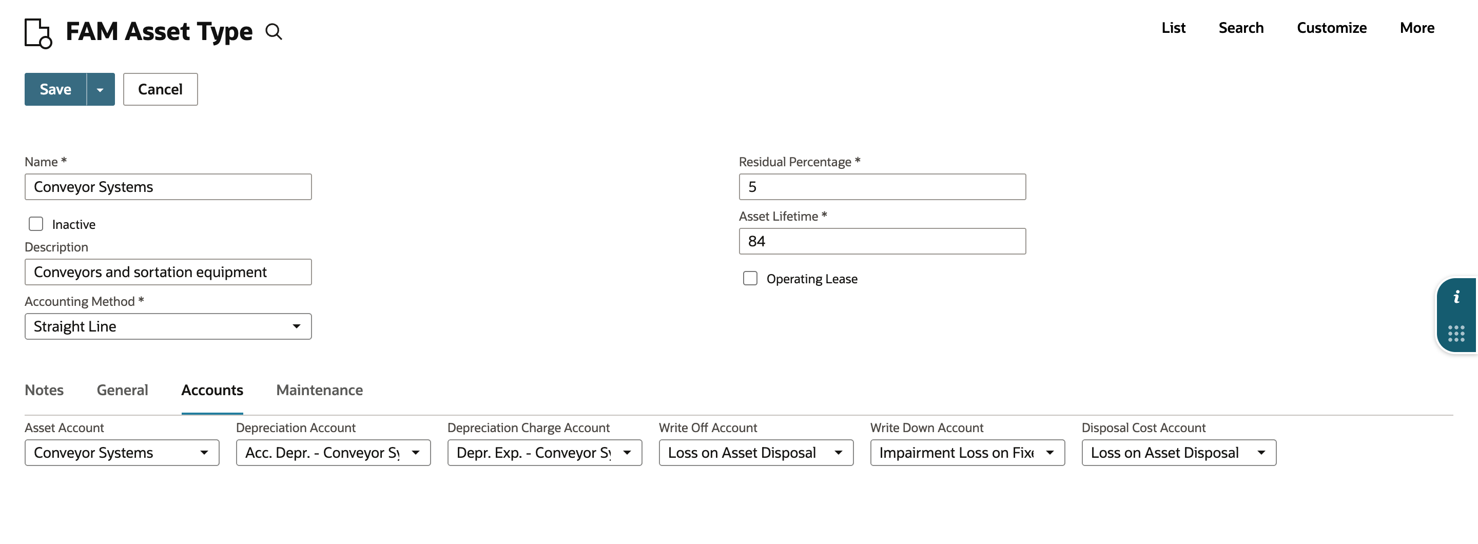 Accounts subtab of the new FAM Asset Type with Asset Account Conveyor Systems, Depreciation Account Acc. Depr. - Conveyor Systems, Depreciation Charge Account Depr. Exp. - Conveyor Systems, Write Off Account Loss on Asset Disposal, Write Down Account Impairment Loss on Fixed Assets and Disposal Cost Account Loss on Asset Disposal.
