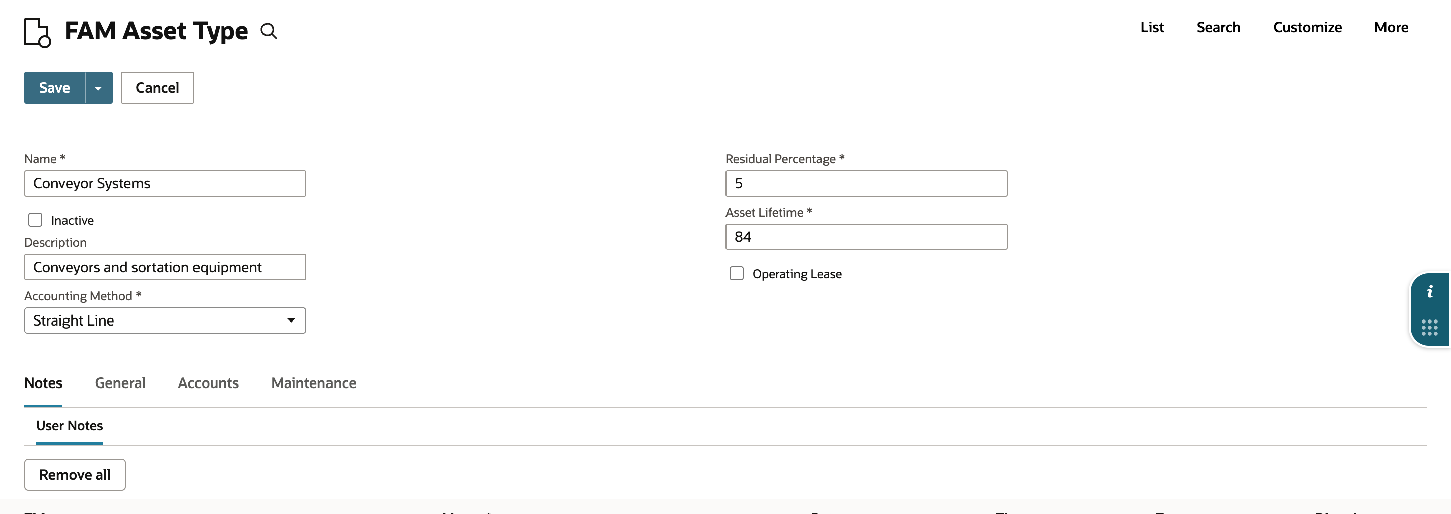 New FAM Asset Type form with Name Conveyor Systems, Description Conveyors and sortation equipment, Accounting Method Straight Line, Residual Percentage 5, Asset Lifetime 84 and Operating Lease unchecked.