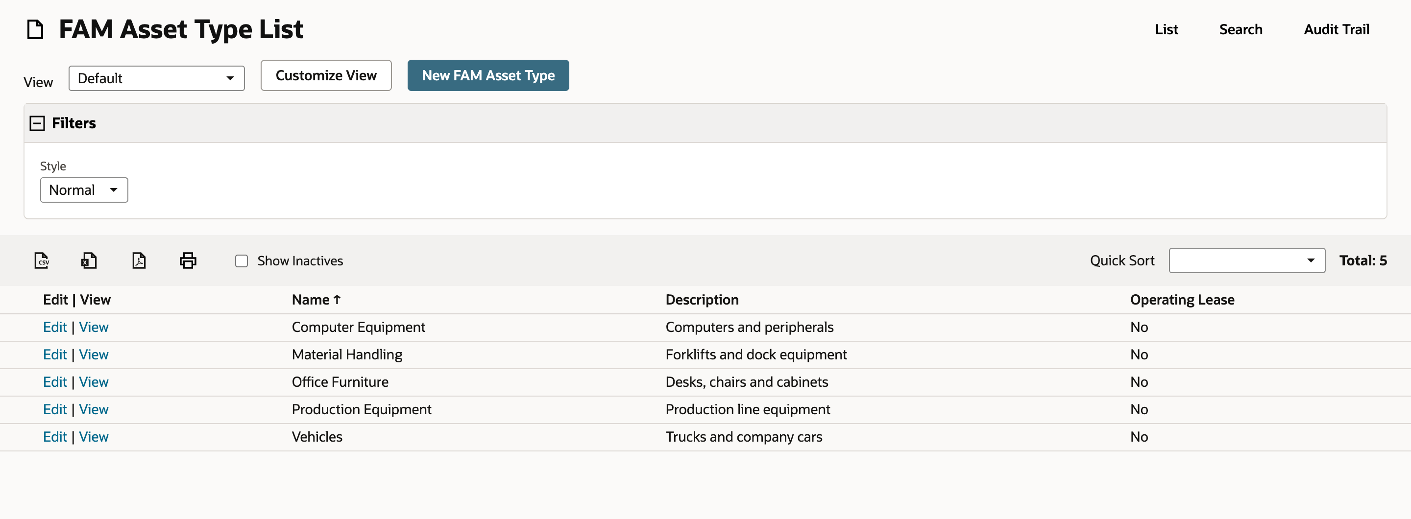 FAM Asset Type List with five types: Computer Equipment, Material Handling, Office Furniture, Production Equipment and Vehicles, each with a description and Operating Lease No. Total: 5.